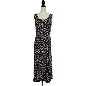 Vintage 90s Robbie Bee Navy Floral Button Front Maxi Dress Size 14 Cottagecore